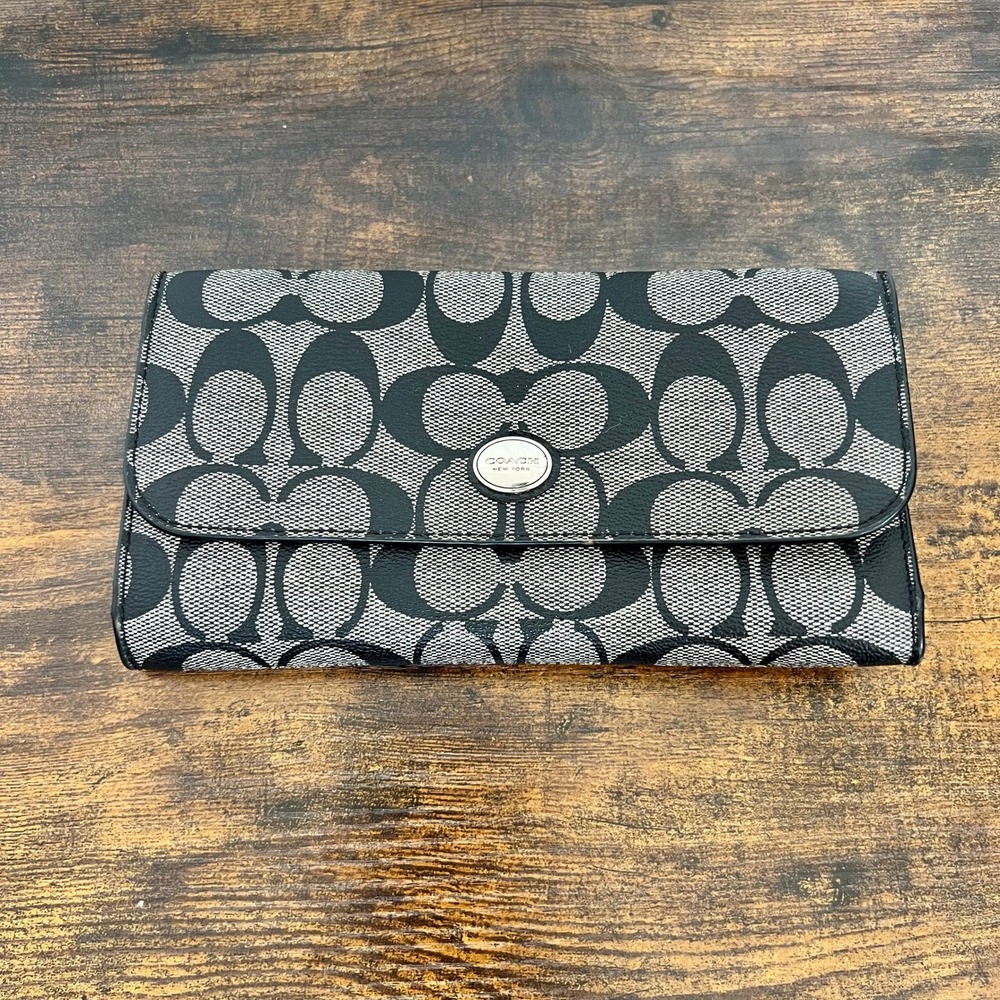 Coach Tri-Fold Wallet Womens OS Black Grey Excellent Signature Canvas Monogram